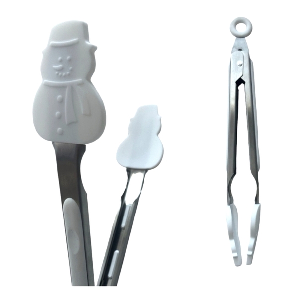 Snowman Silicone-Tipped Tongs White NWOT Stainless Steel Christmas Hot or Cold - Picture 1 of 9